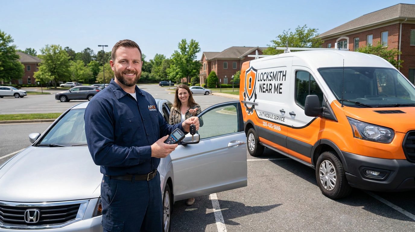 Mobile auto locksmith technician programming a car key fob next to a Locksmith Near Me service van