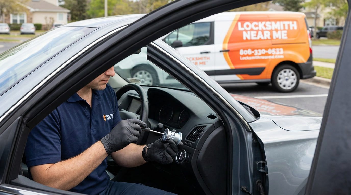 Auto locksmith repairing a car ignition cylinder through the driver-side door