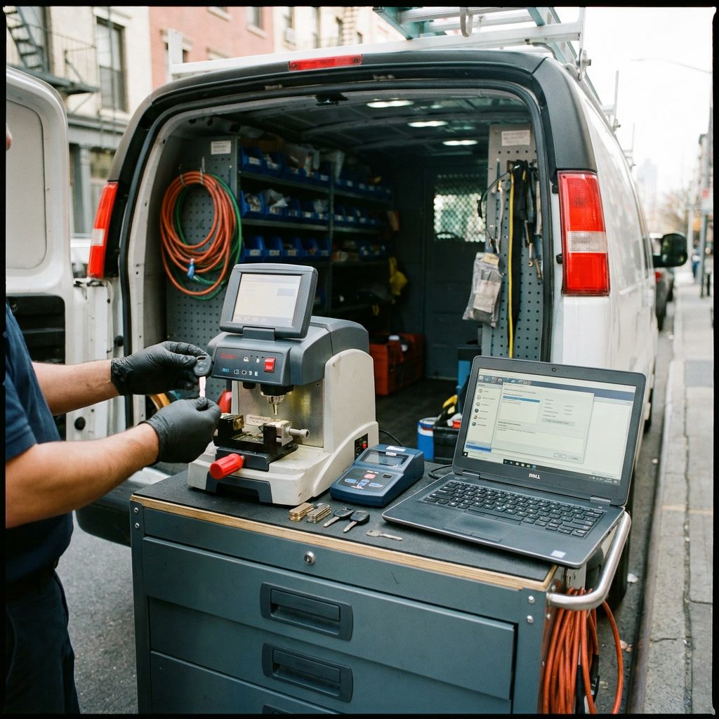 Auto locksmith cutting and programming a replacement transponder car key on a mobile workbench
