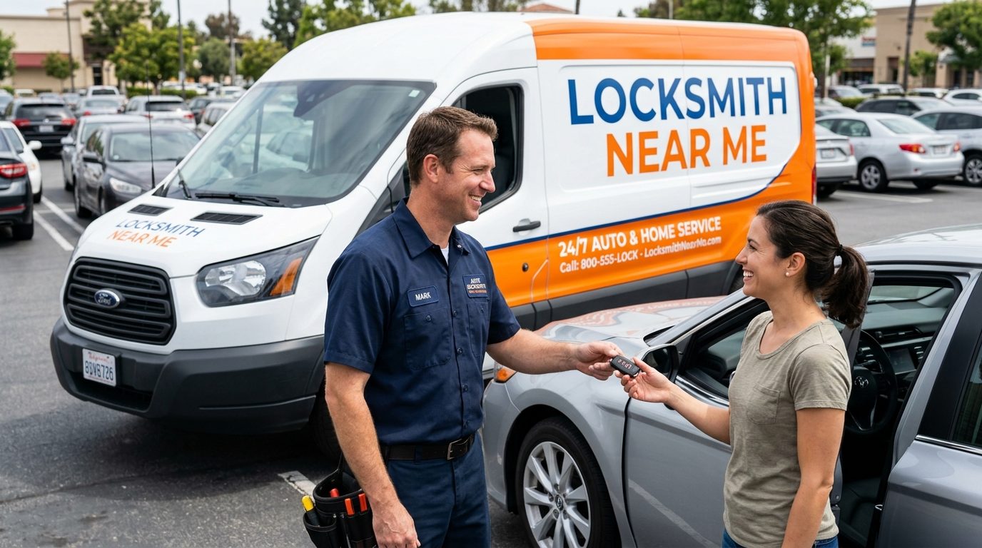 Auto locksmith handing a programmed car key fob to a smiling customer next to a Locksmith Near Me service van