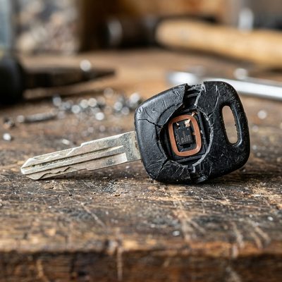 Transponder car key with the plastic head opened showing the chip inside
