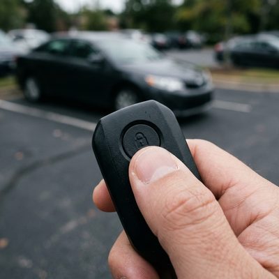 Thumb pressing the unlock button on a car key fob that isn't responding