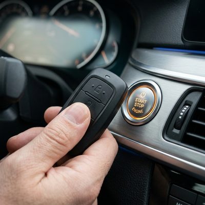Modern push-to-start smart key fob held next to a car's start button